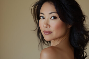 Naklejka premium Beautiful black asian woman on neutral beige background, skincare. 