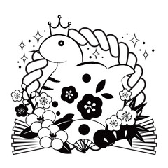 松竹梅と椿と扇子、巳年年賀状アイコン、しめ飾り、モノクロ蛇、かわいい、イラスト、セット