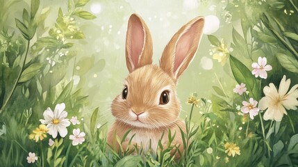 Fototapeta premium Cute baby bunny greeting card for kids peeking from grass and flowers in a lush setting Adorable rabbit postcard illustration in watercolor style for children