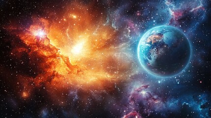 Obraz premium Background design featuring abstract forms and planets related to science showcasing an explosion of stars in space with a fantastic galaxy and a panoramic view of celestial bodies