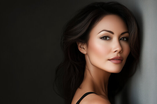 Beautiful middle age woman on black background, skincare