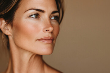 Beautiful middle age woman on neutral beige background, skincare.	
