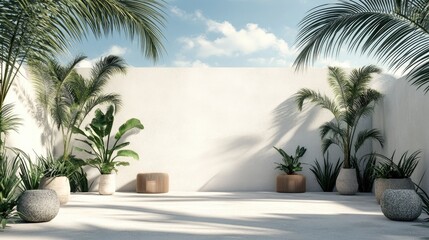 Fototapeta premium Product display stand surrounded by tropical palm leaves against a backdrop of a white plaster wall and blue sky 3D rendering