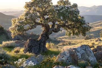 Majestic Oak Tree on Mountain Ridge with Golden Hour Light