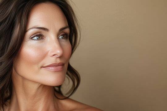 Beautiful middle age woman on neutral beige background, skincare.	