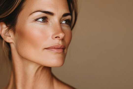 Beautiful middle age woman on neutral beige background, skincare.	