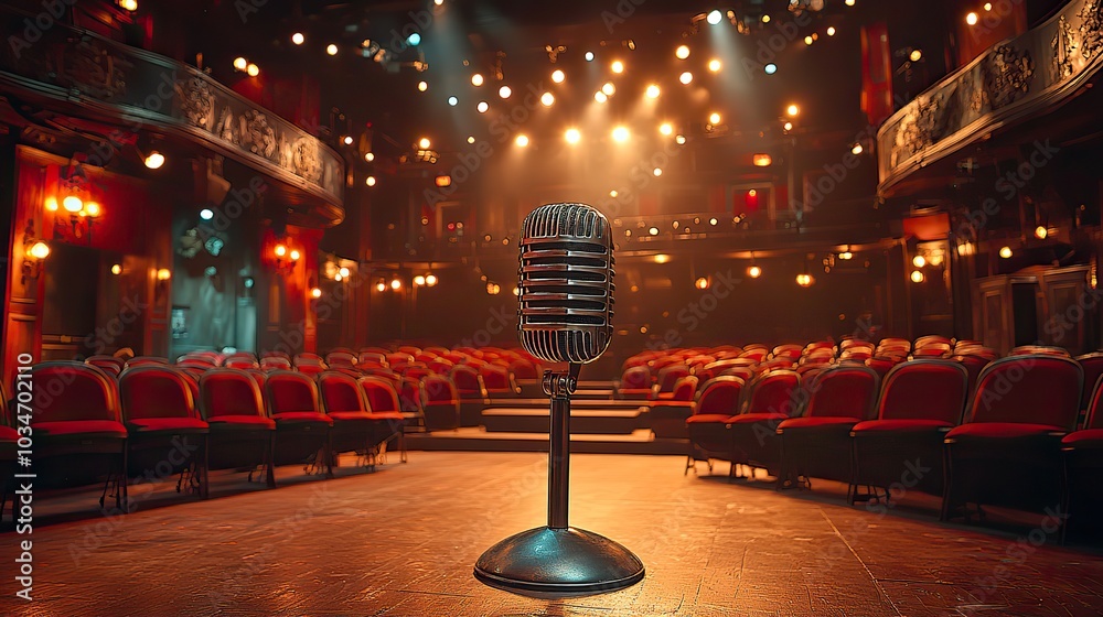 Poster an empty stage with single microphone stand at the center spotlight shining down in front of rows of