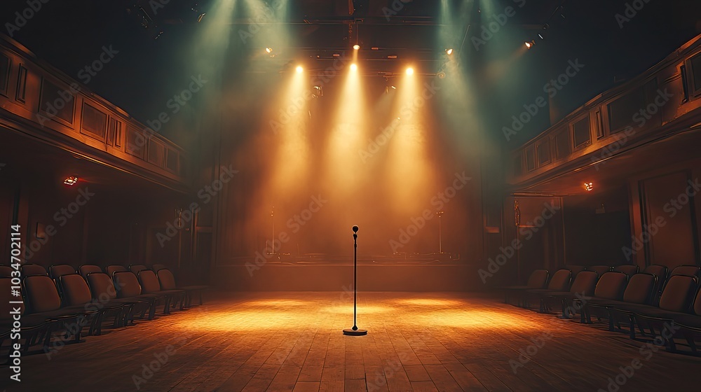Poster an empty stage with single microphone stand at the center spotlight shining down in front of rows of