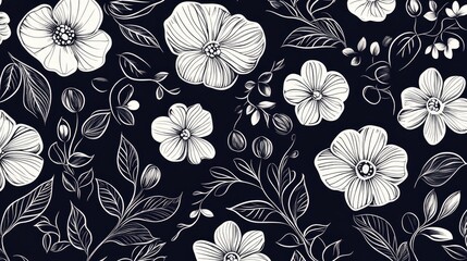 Floral seamless background pattern featuring whimsical flowers and leaves in line art Black and white 2D cartoon illustration with an embroidered style