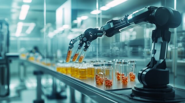 AI-driven robotic arm working in a pharmaceutical lab, illustrating the role of automation in drug discovery