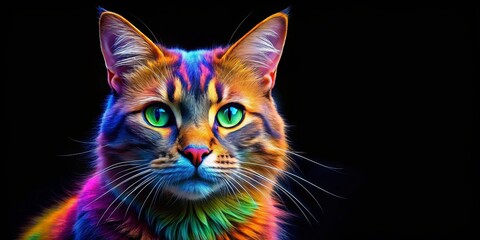 A vibrant feline with a captivating gaze, bathed in a symphony of iridescent hues, against a dark backdrop.