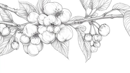 Fototapeta premium Line art illustration of cherries with leaves featuring cherry blossoms