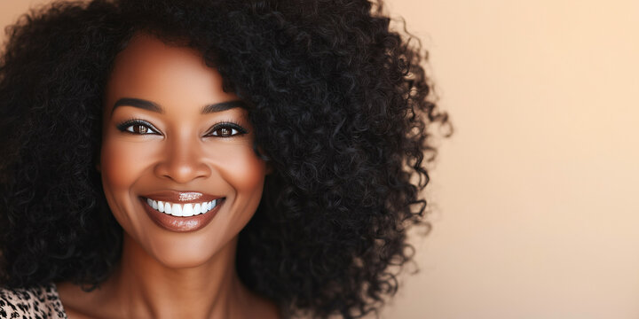 Beautiful black woman on neutral beige background, skincare.	