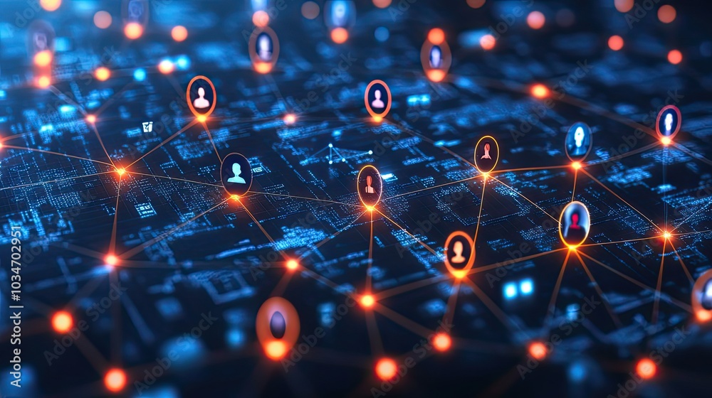 Poster anof virtual meetings concept showcasing the technical aspect with network of digital avatars repres
