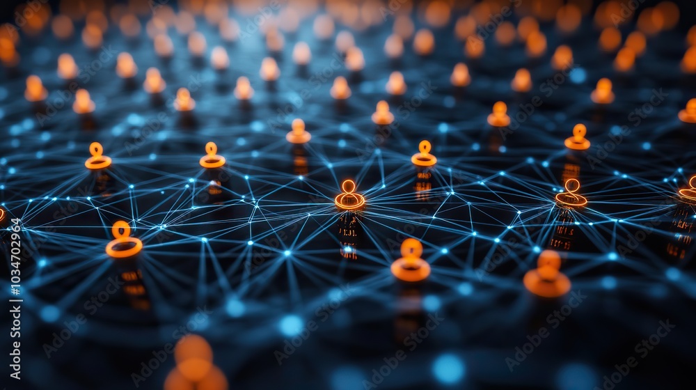 Poster anof virtual meetings concept showcasing the technical aspect with network of digital avatars repres