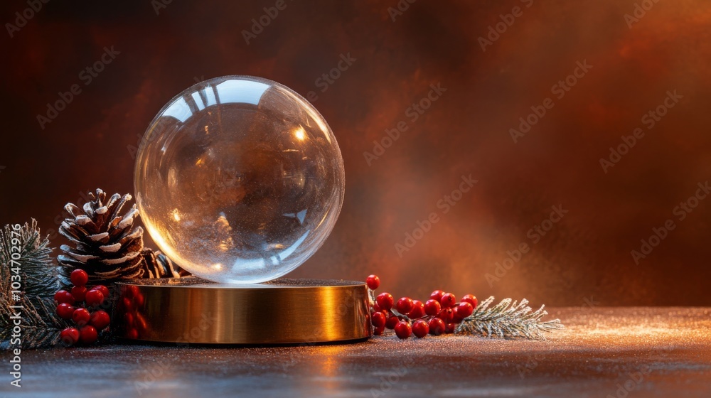 Poster a clear glass sphere rests on a polished base, surrounded by pinecones and red berries, creating a f