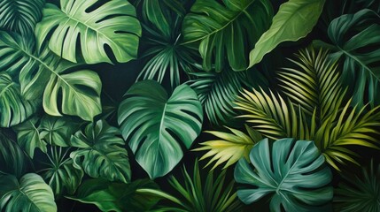 Oil painting featuring a collage of dark green tropical foliage including monstera palm coconut fern and banana leaves showcasing a panoramic nature theme