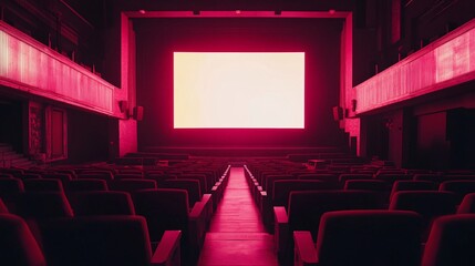Fototapeta premium Interior of an empty theater with red lighting and a large blank screen, creating a dramatic and immersive atmosphere.
