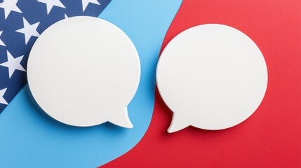 Two blank speech bubbles on a red, white, and blue USA flag background, symbolizing political discussions, debates, or dialogue