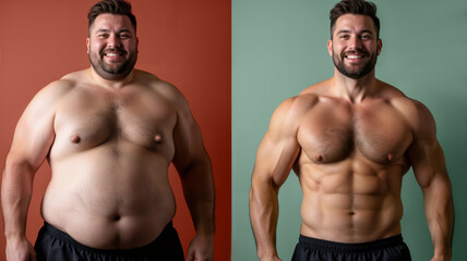 A man's transformation from having excess weight to achieving a fit and muscular physique, highlighting the journey of fitness and self-improvement, before and after