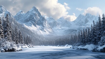 Fototapeta premium A breathtaking winter landscape featuring snow-covered mountains, a serene frozen lake, and evergreen trees under a sky filled with fluffy clouds.