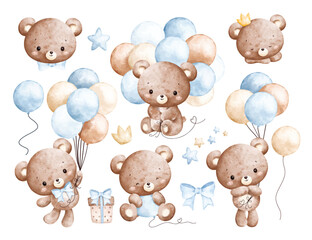 Watercolor Illustration Set of Baby Teddy Bears and Blue Balloons