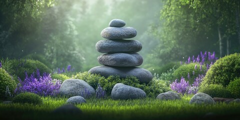 Various sized stones arranged in a garden setting, Garden with assorted stones arranged artistically