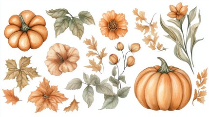 Watercolor illustration set featuring pumpkins flowers and tree leaves Vintage autumn botanical clipart Hand painted designs