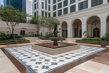 Fototapeta premium Modern Architecture Courtyard with Fountain and Geometric Tile Pattern