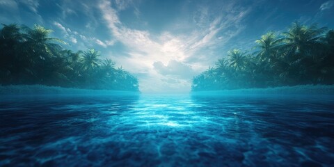 Clear blue waters of a serene lagoon in a tropical paradise, Tranquil lagoon with clear blue waters in a tropical setting