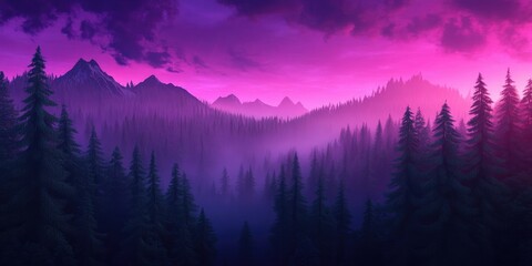 Obraz premium Stunning sunrise landscape featuring a misty forest, pine trees, and mountains in the morning light, Beautiful sunrise over a misty forest with pine trees and mountains in the morning light