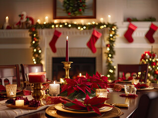 Festive dinner table set with gold-rimmed plates, poinsettia centerpiece, and glowing red candles.