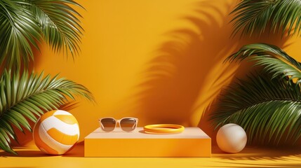 Orange square podium with palm leaves on a summer orange background adorned with a ball swim ring and sunglasses Scene for display stage or platform showcasing products sales banners and cosmetics