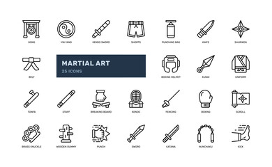 martial art sport fighter combat competition technique outline line icon set