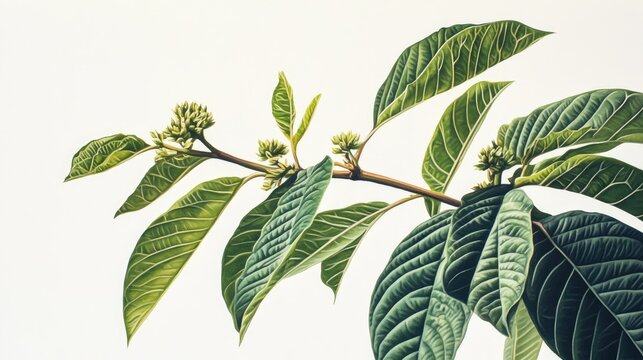 Oil painting of Kratom plant showcasing the unique features of Mitragyna speciosa against a white background focusing on the intricate details of this plant species