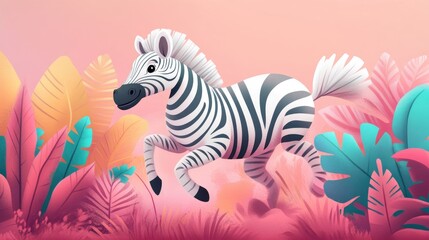 Fototapeta premium Playful zebra in a vibrant 2D cartoon illustration style
