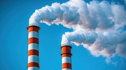 Industrial Chimney Towers Emitting Smoke Against a Clear Blue Sky in an Urban Environment