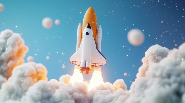 Creative shuttle rocket successfully takes off with clouds of smoke and blasts against a blue background in this 3D cartoon rendering symbolizing a spaceship launch and innovative ideas