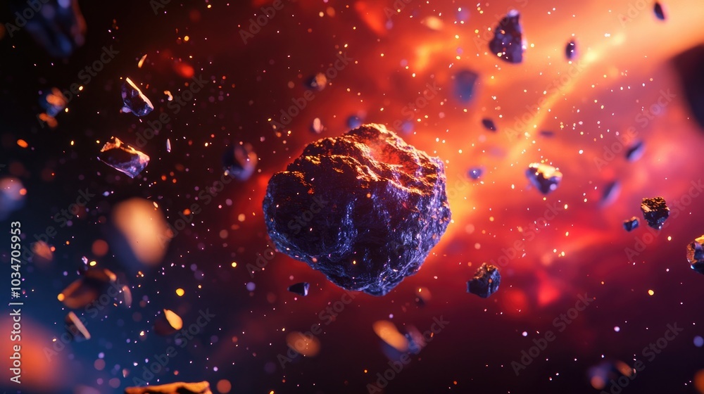 Wall mural abstract scientific background featuring a 3d cartoon rendering of an asteroid impacting a planet wi