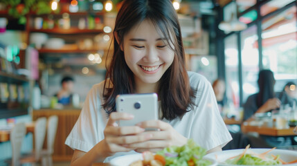 Smiling young Asian woman using a smartphone on a social media app while dining in a restaurant, engaging with likes, comments, and friends, reflecting social media habits


