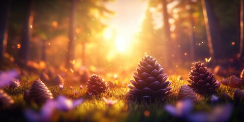 Pinecones meticulously placed in a natural outdoor setting, Pinecones arranged carefully in a natural environment