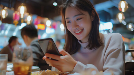Smiling young Asian woman using a smartphone on a social media app while dining in a restaurant, engaging with likes, comments, and friends, reflecting social media habits

