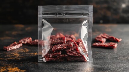 Vacuum-Sealed Bag of Dried Meat on Dark Rustic Background with Scattered Jerky Pieces for Snack and Food Preservation Concepts