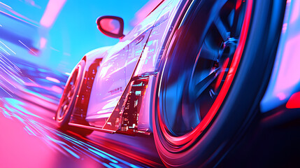 Rasante Fahrt: Neonbeleuchtete Sportwagen in schneller Bewegung
