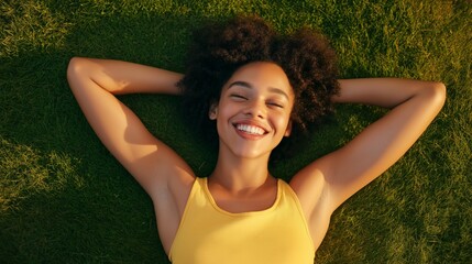 Young woman with curly hair relaxing on green grass in the park during a sunny day, enjoying the warmth and nature.