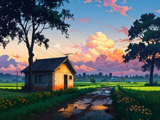 A Tranquil Cottage Amidst the Rice Fields in Anime Style