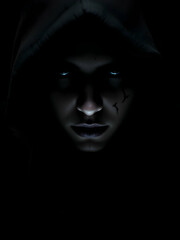 Mysterious Figure in Dark Cloak with Intense Gaze