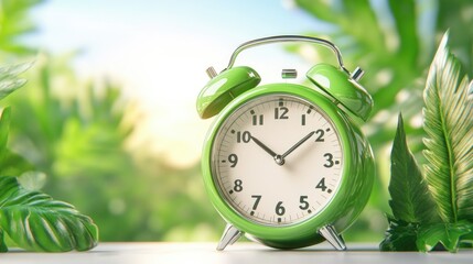 Vintage green alarm clock amidst lush greenery in natural sunshine