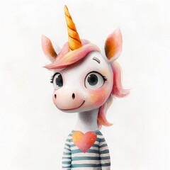 Adorable Cartoon Unicorn with Striped Heart Patterned Outfit in Playful