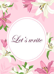 Lets write postcard. Spring white and pink flowers. Bloom and blossom plants. Positive, inspirational and motivational poster or banner. Aesthetics and elegance. Flat vector illustration
